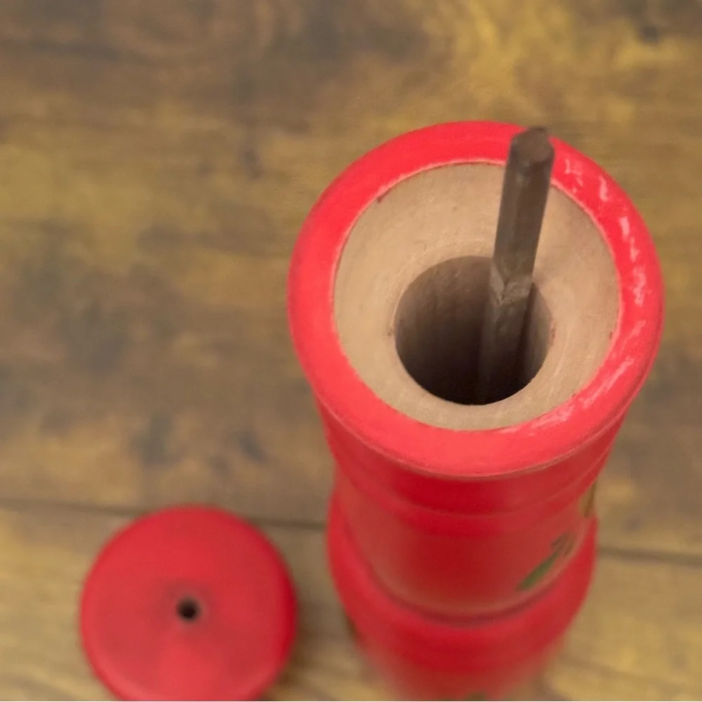 Vintage Tall Hand Painted Red Wooden‎ Pepper Mill Floral Folk Art Grinder